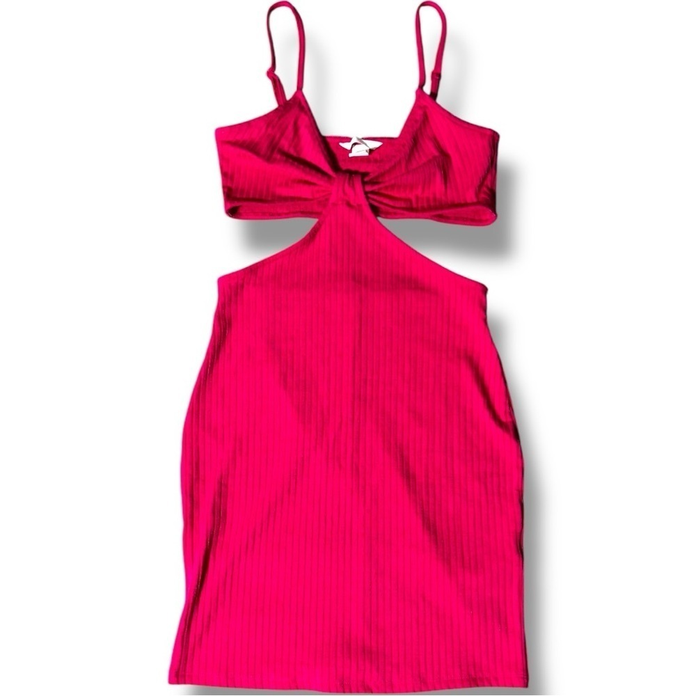 H&M Bold Fuchsia Sleeveless V-Neck Side Cutouts Ribbed Textured Mini Dress - Picture 10 of 15